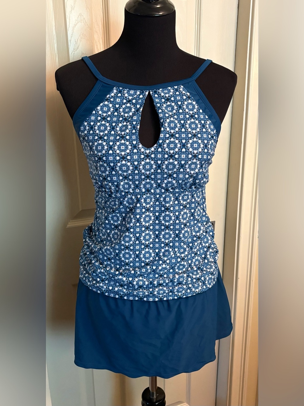 Ellen Tracy Blue Swim Top & Skirted Bottom Set